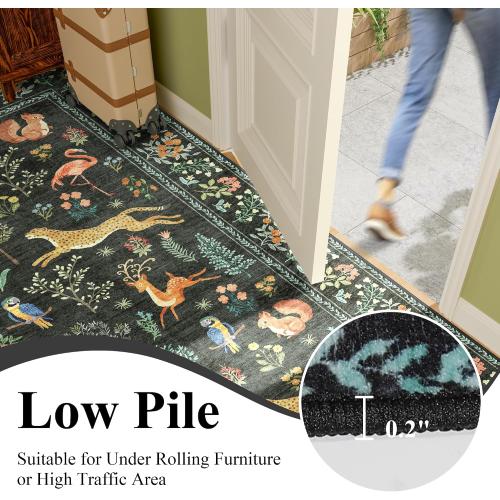 Black Animal Print DUKINO Rectangle Rug for Hallway, Washable Kitchen Runner Rug with Non Slip Backing, Soft Low Pile Vintage Animal Runner for Bedroom, Kitchen, Hallway, Entryway, Laundry, Black