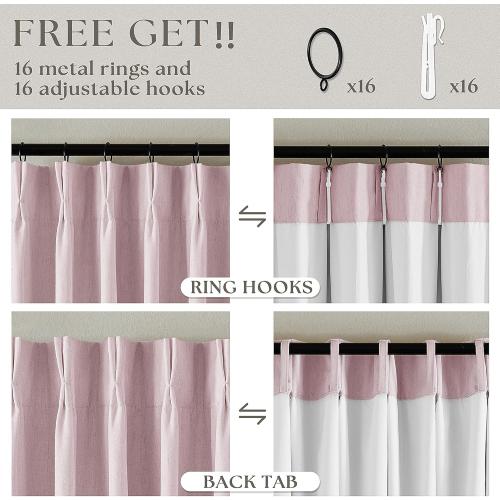 Pleated Pink Blackout Curtains 108 Inches Long for Girls Bedroom Living Room Thermal Insulated Pinch Pleat Room Darkening Light Blocking Linen 108 Inch Curtains Drape Window Panels Baby Pink Blush