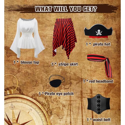 Size S-M 6 Pcs Womens Pirate Costume Renaissance Shirt Dress with Head Scarf Waist Belt Medieval Costume Accessory Sets