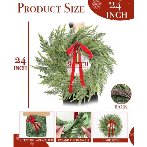 24 Large Christmas Wreaths for Front Door Thick Outdoor Christmas Wreath with Norfolk Pine Cypress Branches Gold Cow Bell Red Bow Soft Artificial Xmas Wreath for Home Door Window Wall Porch Indoor
