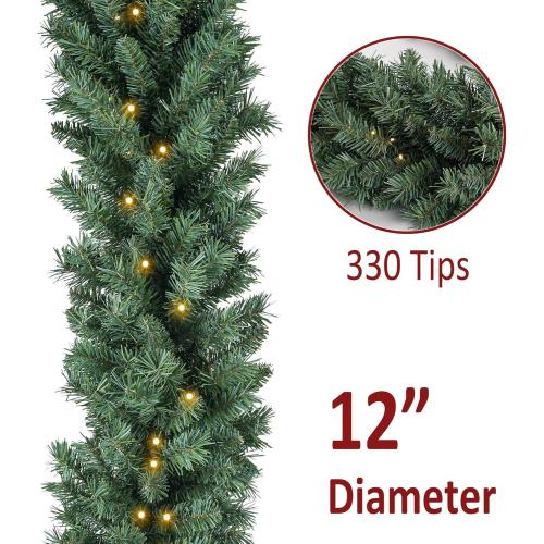 Christmas Garland 9ft with 50 Led, 330 Tips Prelit Fraser Fir Garland with 50 LED Lights, Lush and Classics Green Style for Indoor Outdoor Home Xmas Decoration