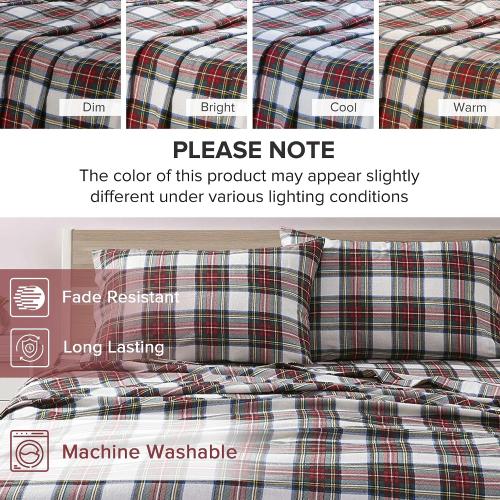 Comfort Spaces Cotton Flannel Sheets Cal King Size, Ultra Soft Flannel Sheet Set with 14 Elastic Pocket Fits up to 16 Mattress, Plain Print Warm Flannel Bedding, Scottish Plaid Red 4 Piece
