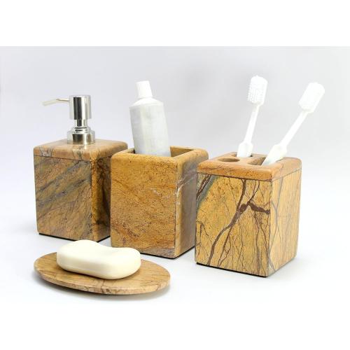 Set of 4 Color Brown Bathroom Accessory Set Made from Natural Stone - Bath Accessories Set of 4 Includes Soap Dispenser, Toothbrush Holder, Tumbler and Soap Dish (Brown)