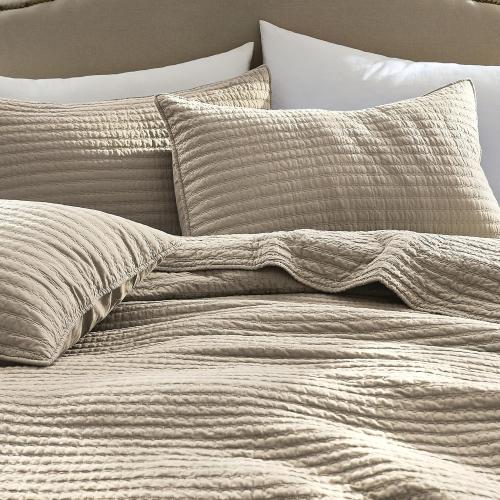 100% Cotton  - Beige Neutral Striped Pick Stitch Soft Lightweight Bedspread, Textured Like Linen, Farmhouse Country Rustic Coverlet, Shabby Chic Gauze Bedding
