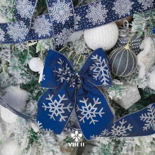 MEEDEE 4 Inch Navy Blue Snowflake Ribbon Navy Satin Wired Christmas Tree Ribbons with Silver Glitter Snowflake 10 Yards Blue and Silver Ribbon for Holiday Crafts, Garlands, Large Tree Topper Bow