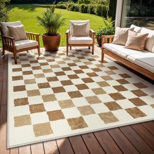 8x10 Brown & Beige GENIMO Indoor Outdoor Area Rug 8'x10', Waterproof Geometric Outside Carpet, Non Shedding, Easy Cleaning, Camping Mat for Living Room, Patio, Balcony, Bedroom, Deck, Dining Room, RV, Brown & Beige