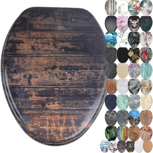 SANILO Wooden Toilet Seat with Soft Close [ELONGATED] - Decorative, Quiet & Slow Close Molded Wood Seat - With Strong Bumpers & Hinges - Adjustable Fit - Vintage