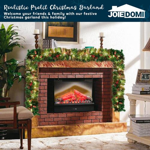 Joiedomi 9FT Christmas Garland Prelit with 50 Count String Lights, Bristle, Pine Cones, Holly Berries for Outdoor & Indoor Winter Christmas and Holidays Decorations, Plug in Lighted Pine Garland