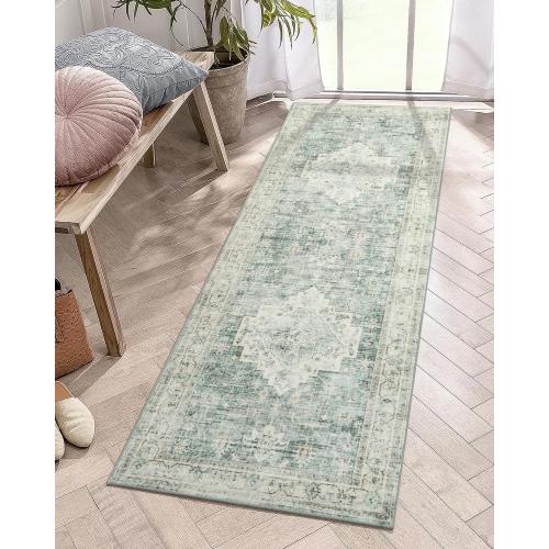 Washable Small  Runner Rug for Bathroom, Non Slip Kitchen Mats for Floor Entryway, Boho Indoor Front Door Mat Low-Pile Runners for Hallways, Farmhouse Rugs for Laundry, Sage Green