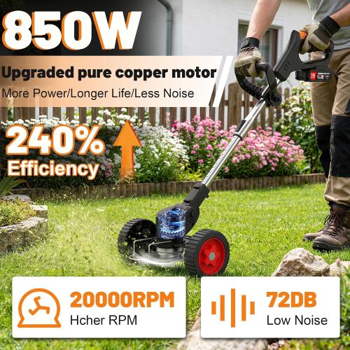 21V Electric Weed Wacker Cordless Weed Eater Battery Powered, String Trimmer Battery Operated 3-in-1 Lightweight Grass Trimmer/Brush Cutter/Lawn Edger with Wheels & Metal Blade for Yard and Garden
