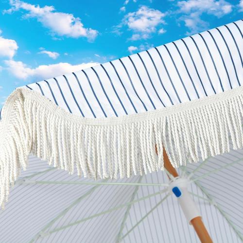 7.5ft Patio Umbrella with Fringe, Beach Umbrella, Fringe Umbrella Outdoor Patio with Hanging Hook, Tilting Aluminum Pole, UV 50 , Fiberglass Ribs, Blue White Stripe