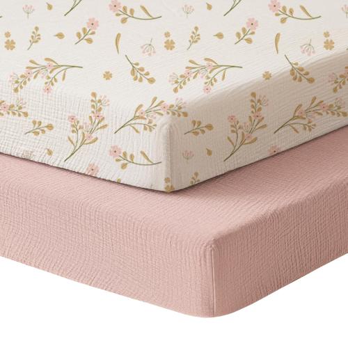 Mini Crib Sheets, 100% Soft Cotton Pack and Play Sheets for Pack N Play Mattress, Playard Baby Crib Sheets for Baby Girls (Floral, Pink)
