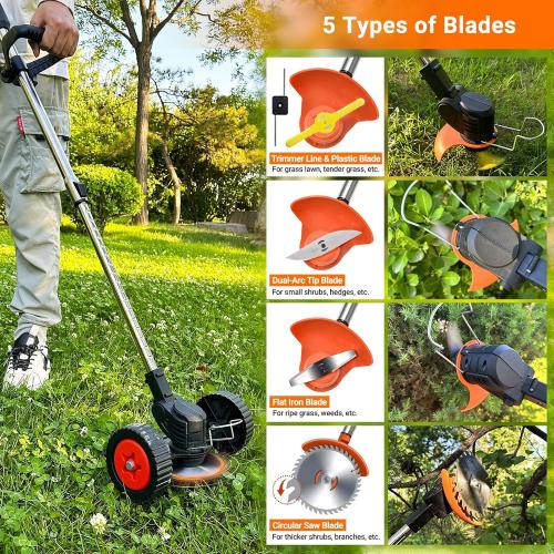 ORANGE AND BLACK Cordless Electric Weed Wacker with Wheels, 3-in-1 Lightweight Weed Eater/Brush Cutter/Grass Trimmer Battery Powered, Includes 21V 2×4.0Ah Batteries, 5 Types Blade & Charger, for Lawn Yard Garden