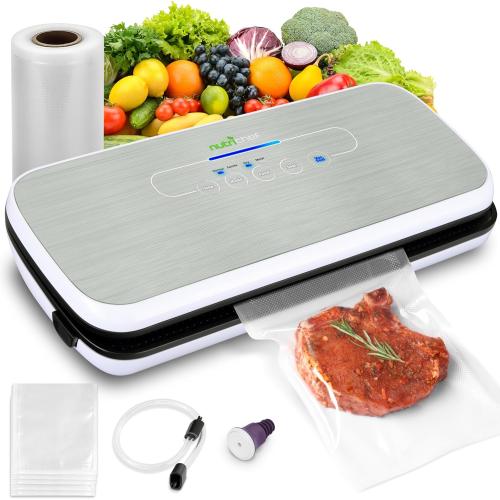 NutriChef Food Vacuum Sealer Machine - Automatic Air Sealing System for Dry & Moist Foods, LED Touch Controls, Includes Vacuum Bags, Hose & Wine Stopper, High Suction Power, 14x6x3, Silver