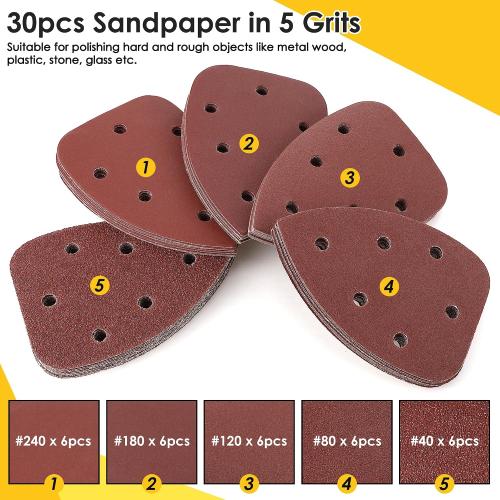 5 Pcs 6 Holes Foam Sanding Pads with 30 Pcs Mouse Sander Sandpaper
