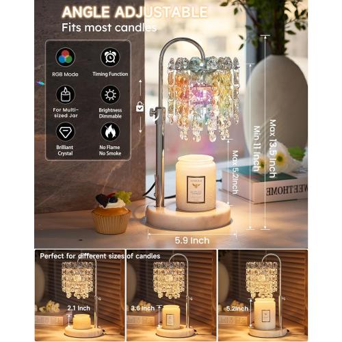 Candle Warmer Lamp with Timer & Dimmable Crystals Candle Lamp Warmer with RGB Mode, Adjustable Height Electric Candle Warmer with 3 Bulbs for Women Mom House Warming Gifts New Home Room Decor