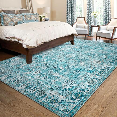 Doria Boho Area Rug, 3'6''×5'6'' Washable Oriental Rug, Non-Slip Vintage Floral Rug, Non-Shedding Traditional Carpet with Low Pile for Living Room, Bedroom, Dining, Office, Turquoise Blue