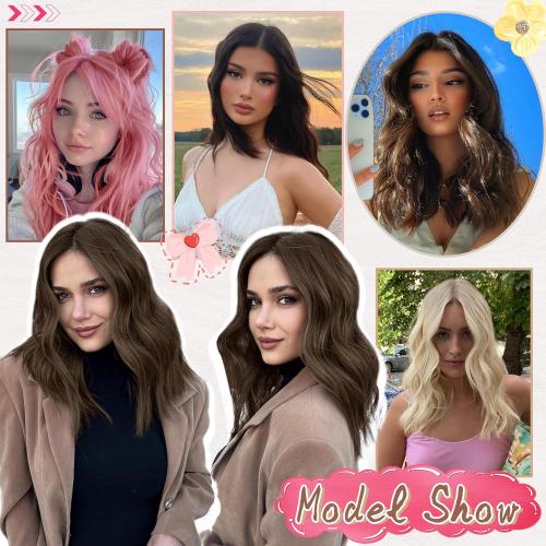 Black Sandy Blonde Wig 18 Inch Medium Length Wigs for Women Middle Part Synthetic Hair Wavy Wig with Upgraded Strands,Natural Hair Wigs for Daily Party/Halloween Use 18Inch,Sandy Blonde
