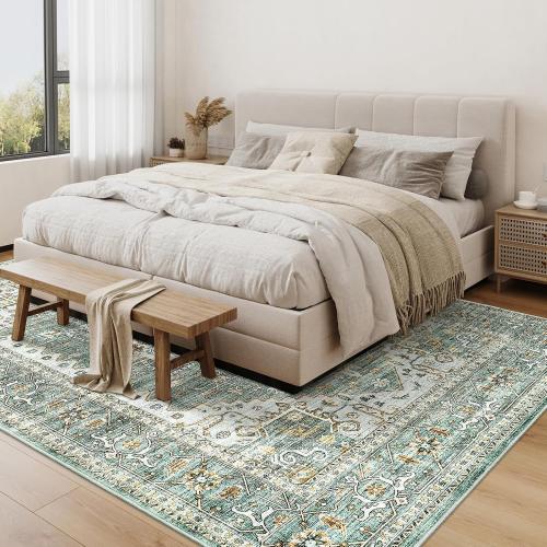 8x10 Area Rugs for Living Room, Stain Resistant Neutral Washable Rugs for Dining Room, Floral Vintage Non-Slip Thin Large Size Area Rug （Green）