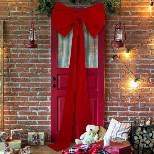 Extra Large Christmas Front Door Bow Decorations 27 x 78 Inch Giant Velvet Christmas Tree Topper Bow with Long Streamers Wreath Wall Decor for Home Xmas Room Holiday Porch(Red)