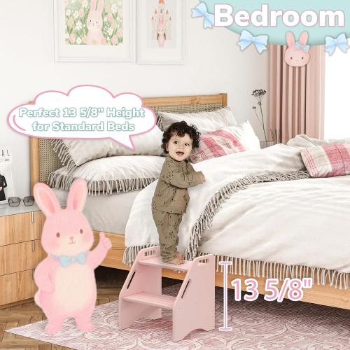 AMBIRD Wooden Kids Step Stool, 15.75'' H Potty Training Toddler 300 lbs Capacity with Safety Non-Slip Pads and Handles, Kitchen Step Stools for Kids, Bamboo Step Stool for Bathroom, High Beds (Pink)