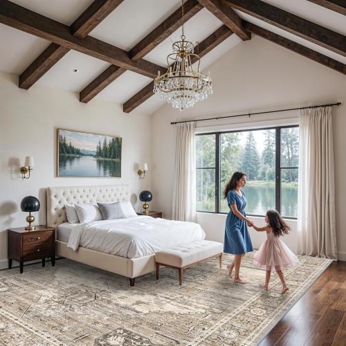 RUUGME Washable 12x18 Area Rug - Large Vintage Rugs with Non Slip Backing Ultra-Soft Stain Resistant Carpet for Bedroom Dining Room Indoor Low Pile Carpets Home Decor Mat 12x18 Beige