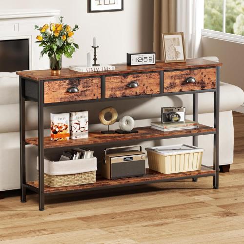 Furologee Long 47 Console Sofa Table with 3 Drawers, Entryway Table with 3-Tier Storage Shelves, Industrial Display Shelf for Entry Way, Hallway, Couch, Living Room, Kitchen, Foyer, Rustic Brown