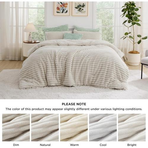 Bedsure Queen Comforter Set - GentleSoft™ 3 Pieces Fluffy Double-Side Fleece Comforter Set, Cozy Striped Room Decor Aesthetic, Luxury Linen Bedding Queen Size with 2 Pillowcases, 90x90 Inches
