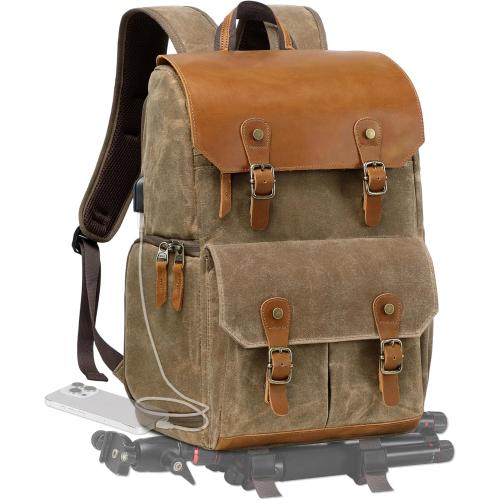 Padwa Lifestyle Khaki Camera Backpack - Waxed Memory Canvas Camera Bag, Multi DSLR SLR Large Camera Backpacks for Photographers with 16” Laptop & Lens Compartment and Tripod Holder & Weather Resistant