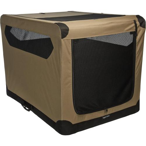 Amazon Basics Dog Crate, Travel Dog Kennel Double Door Collapsible, Lightweight Soft-Sided Folding, Portable Dog Cage, XL 42 x 31 x 31, Tan