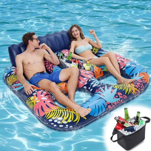 2-Person Inflatable Pool Floats Adult Heavy Duty, 71 x 61 Pool Lounger Float with Cup Holders & Backrest & Removable Insulated Cooler, Thickened Swimming Raft for Pool Party, Lake, Beach, River