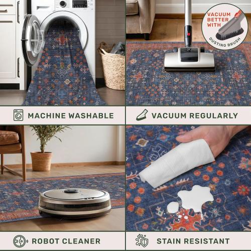 Large 3x5 Kitchen Rug Non Slip Machine Washable, Throw Rugs for Entryway Indoor, Floor Mat, Home Office Under Chair - Stain Resistant Non Skid Rubber Backing, Tribal Farmhouse Décor (3x5 Navy Blue)