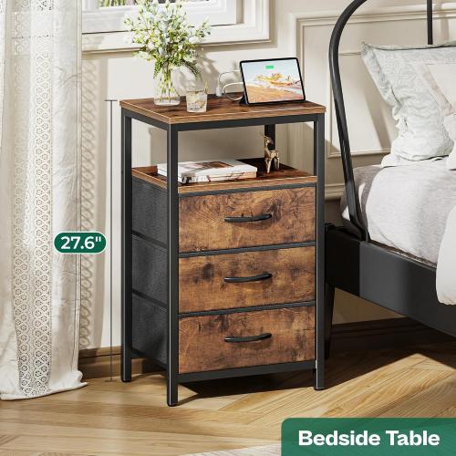 Size 27.6 Color brown Huuger Nightstand with Charging Station, 27.6 Inch Bedside Table with Fabric Drawers, End Table with USB Ports and Outlets, Night Stand for Bedroom, Rustic Brown