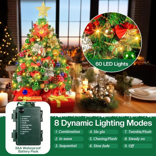 2FT Mini Christmas Tree, Artificial Tabletop Christmas Trees with 60 LED Lights, Prelit Small Christmas Tree, 100 Branch Tips, 80 Ornaments, Indoor Christmas Table Decor for Home Party