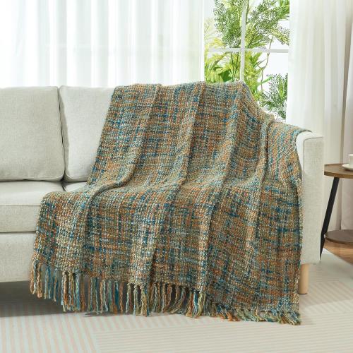 Multi-Color Gold Green Cable Woven Throw Blanket for Couch,50X60 Boho Style Textured Blankets for Home Decor,Super Soft Warm Cozy Chunky Blanket with Decorative Tassels for Bed