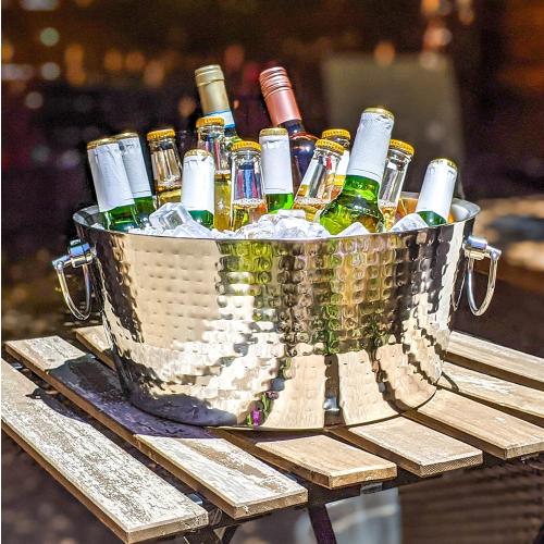 BREKX Insulated Hammered Stainless Steel Beverage Tub & Ice Bucket, 12 Qt | Double-wall insulated tub keeps beer, wine and champagne chilled. Double-hinged handles make carrying easier.