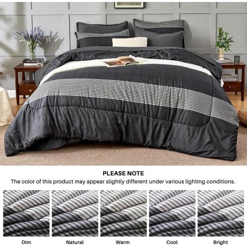 Andency Full Bed in a Bag 7 Pieces Comforter Set - Black White Grey Striped Lightweight Fully Breathable All Season Bedding Set with Comforter, Fitted & Flat Sheet, Pillowcases & Shams