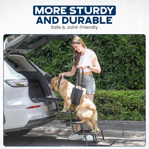 VERALUX Dog Stairs for Large Dogs for Car | 5 Step Foldable Dog Stairs | 200lb Capacity | Non-Slip Rug Steps | XL Lift Assist Harness System | Pet Stairs for Large Dogs | Dog Steps for Truck & SUV