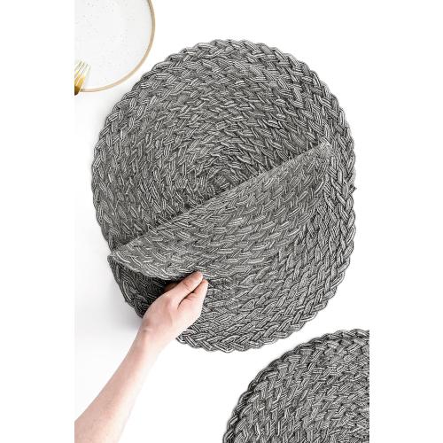 Floroom 15 Inch Round Braided Placemats Set of 4, Washable Heat Resistant Cotton Polyester Circle Boho Place Mats for Kitchen Dining Table - Mist Grey