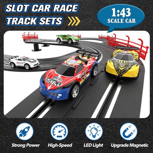 3-in-1 Slot Car Race Track Sets with 4 High-Speed Cars, Electric Track, Dual Racing Game with Lap Counter & 2 Controllers, and Circular Overpass Design – Toy Gift for Boys Kids Ages 6-8 8-12