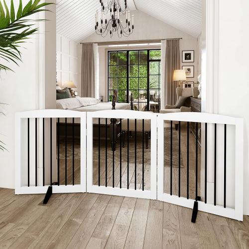 Freestanding Wooden Pet Gate for House, Foldable Indoor Dog Gate for Doorways, Stairs - 24 Height, 3 Panels, White