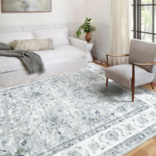 Floral 9x12 Area Rugs - Grey Large Machine Washable Living Room Rug Non Slip Ultra-Thin Stain Resistant Bedroom Rug Vintage Retro Boho Accent Rugs for Bedroom Dining Room Office Carpet