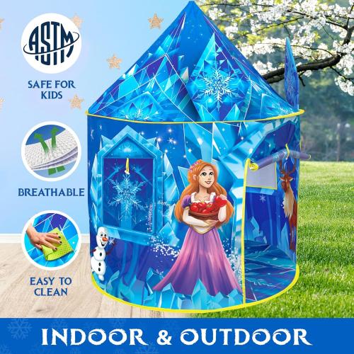 W&O Frozen Princess Tent for Girls with Magical Sound Button, LED Lights, Crown & Wand – Indoor & Outdoor Frozen Tent for Girls Ages 3-7