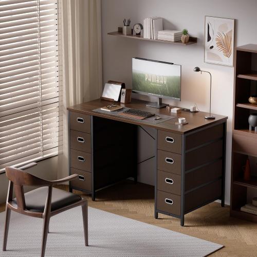 Pamray Size 47 Inch Color brown Computer Desk with 8 Fabric Drawers PC Gaming Desk Home Office Study Work Writing Table for Bedroom Brown
