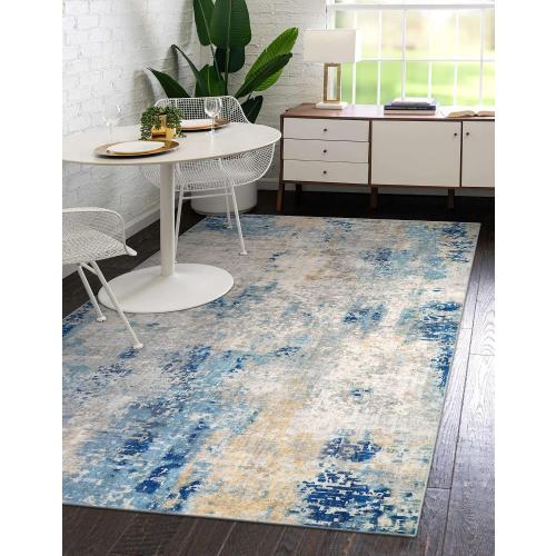Lahome Modern Abstract Washable Area Rugs 5x7, Soft Living Room Rug Non Slip Stain Resistance, Faux Wool Floor Carpet for Bedroom Dining Room Nursery Kids Playroom,Blue/Grey