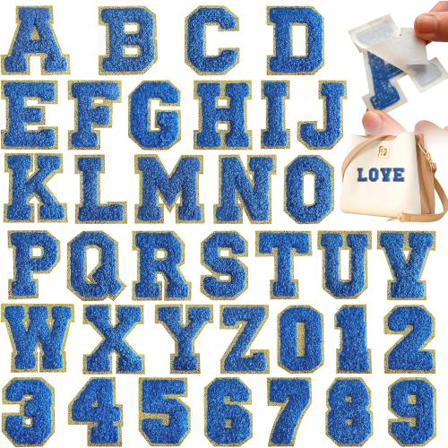 36 Pcs Self Adhesive Chenille Letter Number Patches Set, 2.2 in Iron on Numbers Varsity Letter Patches Stick on Clothes Backpacks Hats Team Uniform(Blue)