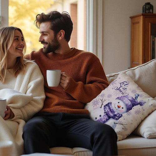 Purple Christmas Snowflake Snowman Pillow Covers 18x18 Set of 2, Winter Home Decor, Purple Hello Winter Snowman Holiday Xmas Decorative Pillow Covers for Home Living Room Bedroom