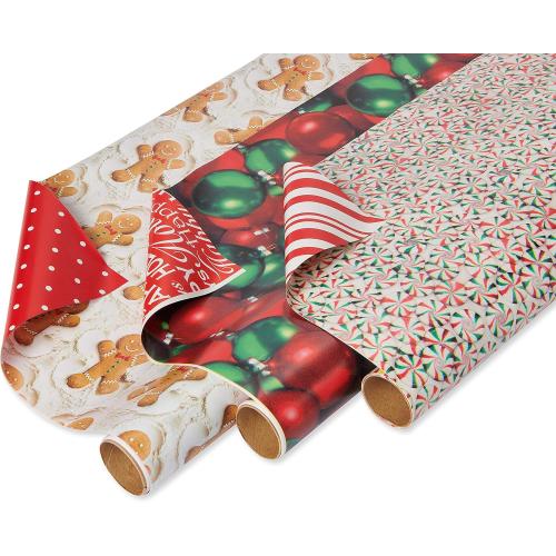 American Greetings 120 sq. ft. Vintage Christmas Wrapping Paper Bundle, Gingerbread, Ornaments, Peppermints (3 Extra Wide Rolls 40 in. x 12 ft.)