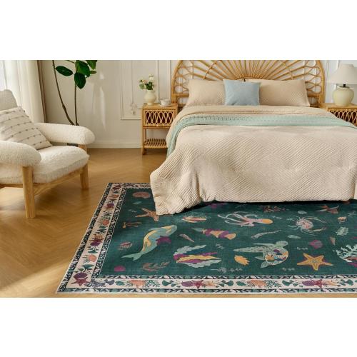 Soft Marine Animal Washable Faux Wool Stain Resistant Runner Rubber Non-Slip Backing for Playroom Bathroom Living Room Bedroom Bedside Beachy Cute Coastal Nautical Nursery Rug (Emerald, 5' x 7')