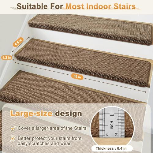 Bullnose Carpet Stair Treads Non Slip for Wooden Steps Indoor, 9.5 x 35 14 Pieces, Extra Wide Bull Nose Carpet Runners for Wood Stairs, Step Covers, Stair Tread Rugs, Washable, Brown